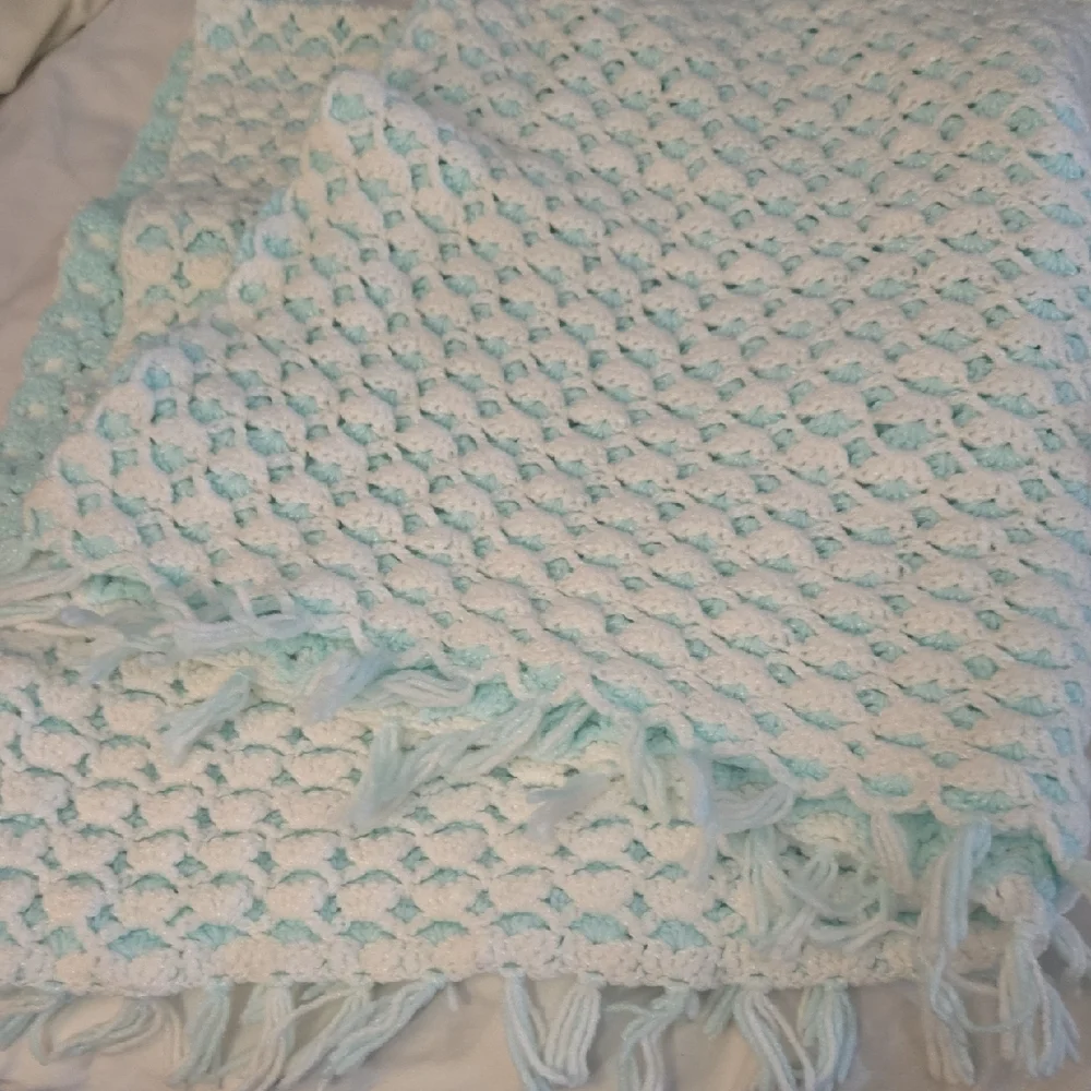 Handmade Afghan Knit Baby Blanket - White and Mint Green